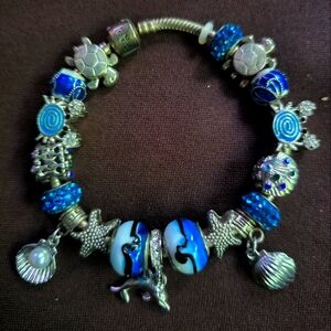 Pandora Blue and Silver Charm Bracelet with Sea-Inspired Charms